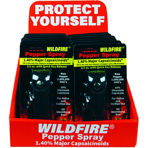 Wildfire 1.4% MC 1/2 oz pepper spray leatherette holster and quick release keychain black view 2